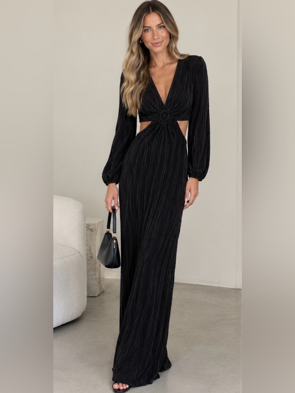 Ronny Kobo Black Long-Sleeve Cutout Ring-Front Maxi Dress